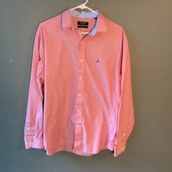 Nautica Button Down Dress Shirt Red White Pinstripe - Picture 2 of 8